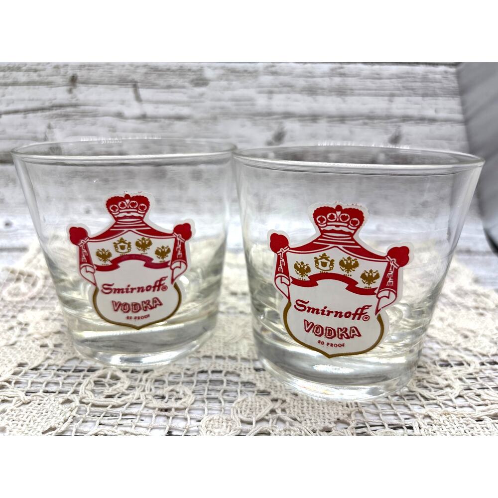 Vintage Smirnoff Rocks/Low Ball glasses Barware Souvenir Advertising Glasses 70s